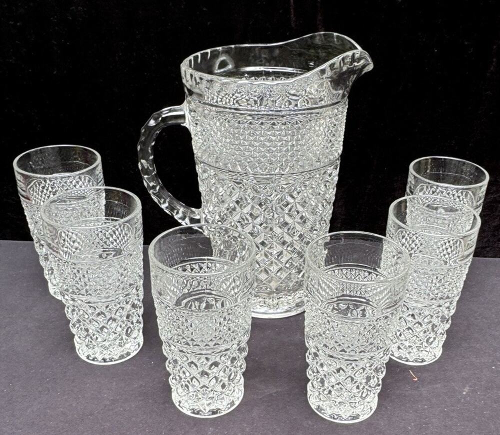Anchor Hocking Wexford Diamond Cut Glass Vintage Pitcher & 6 Glasses EUC -8/28